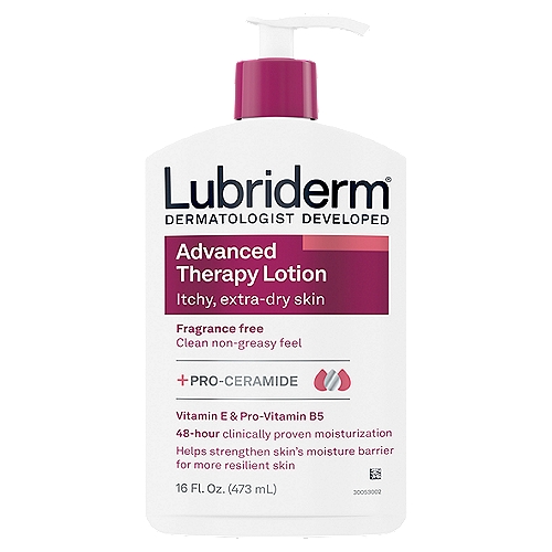 Lubriderm Advanced Therapy Lotion, 16 fl oz
Advanced Therapy Moisturizing Lotion is our solution for your extra-dry skin and will leave your skin moisturized. This non-greasy formula, which contains vitamin E & B5 and skin essential lipids naturally found in healthy skin, replenishes and strengthens your skin's moisture barrier. Clinically shown to provide 24 hour moisturization for dry skin relief and to help transform extra-dry skin into healthy looking skin in just one week.