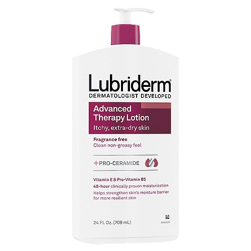Lubriderm Advanced Therapy Lotion, 24 fl oz
Advanced Therapy Moisturizing Lotion is our solution for your extra-dry skin and will leave your skin moisturized. This non-greasy formula, which contains vitamin E & B5 and skin essential lipids naturally found in healthy skin, replenishes and strengthens your skin's moisture barrier.
Clinically shown to provide 24 hour moisturization for dry skin relief and to help transform extra-dry skin into healthy looking skin in just one week.