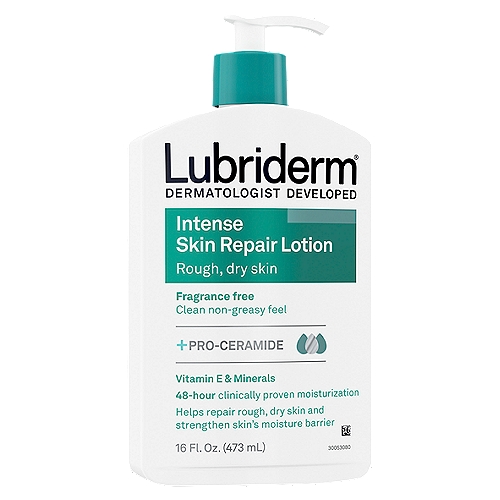 Lubriderm Intense Skin Repair Lotion, 16 fl oz
Intense skin repair lotion is our solution to help repair rough, dry skin, leaving it moisturized and healthy-looking. This non-greasy formula contains a blend of skin essential minerals naturally found in healthy skin. This moisturizer, with Hydrarelease® technology, is also clinically shown to continuously moisture for 24 hours to provide the essential moisture that rough, dry skin needs to help repair and strengthen its moisture barrier.