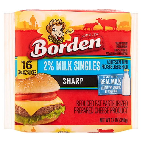 Borden Sharp 2% Milk Singles Cheese, 3/4 oz, 16 count