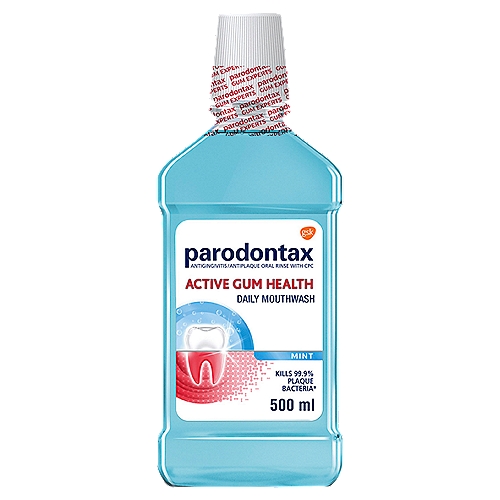 Parodontax Active Gum Health Mouthwash - 16.9 Fl Oz
• One 16.9 fl oz bottle of Parodontax Active Gum Health Mouthwash, Mint 
• Alcohol-free mouthwash formulated with Cetylpyridinium Chloride (CPC) is designed to target plaque bacteria (1)
• Antibacterial mouthwash that kills 99.9% of plaque bacteria (1)
• Oral rinse forms an antibacterial shield that helps prevent plaque bacteria build-up to help prevent bleeding gums (2)
• Features a fresh mint flavor to help keep your mouth clean and fresh
• For best results, use daily

Targets Bacteria* & Forms an Antibacterial Shield
Kills 99.9% Plaque Bacteria*
*Kills plaque bacteria associated with gingivitis and odour-causing bacteria in a laboratory test

Drug Facts
Active ingredient - Purpose
Cetylpridinium chloride 0.07%w/w - Antigingivitis, antiplaque

Uses
Helps prevent and reduce plaque that leads to
■ gingivitis, an early form of gum disease
■ bleeding gums