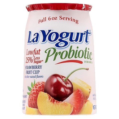La Yogurt Probiotic Strawberry Fruit Cup Blended Lowfat Yogurt, 6 oz
25% less sugar*
*La Yogurt Sabor Latino Lowfat Yogurt: 26g sugar
La Yogurt Lowfat Yogurt: 19g sugar

Contains Active Yogurt Cultures: L. Bulgaricus, S. Thermophilus, Bifidobacterium BB-12®, L. Acidophilus and L. Casei.

rBST free**
**According to the FDA, no significant difference has been found between milk derived from rBST-treated and non rBST-treated cows.

†Live & active cultures
†Meets National Yogurt Association criteria for live & active culture yogurt.
