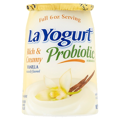La Yogurt Probiotic Rich & Creamy Vanilla Blended Lowfat Yogurt, 6 oz
Contains Active Yogurt Cultures: L. Bulgaricus, S. Thermophilus, Bifidobacterium BB-12®, L. Acidophilus and L. Casei.

rBST free*
*According to the FDA, no significant difference has been found between milk derived from rBST-treated and non rBST-treated cows.

Live & active cultures†
† Meets National Yogurt Association criteria for live & active culture yogurt.