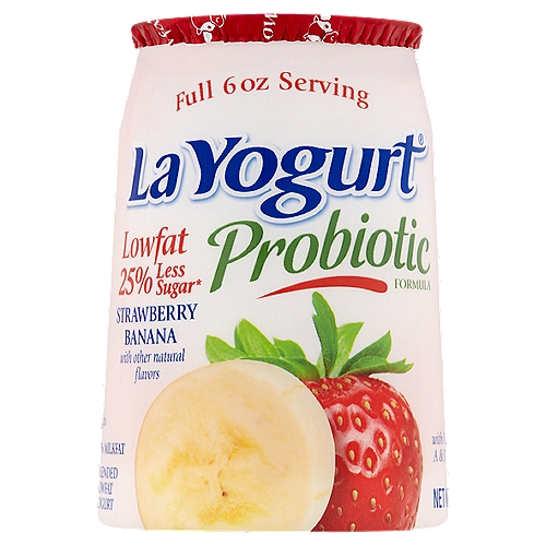 La Yogurt Probiotic Strawberry Banana Blended Lowfat Yogurt, 6 oz
25% less sugar*
*La Yogurt Sabor Latino Lowfat Yogurt: 26g sugar
La Yogurt Lowfat Yogurt: 19g sugar

Contains Active Yogurt Cultures: L. Bulgaricus, S. Thermophilus, Bifidobacterium BB-12®, L. Acidophilus and L. Casei.

rBST free**
**According to the FDA, no significant difference has been found between milk derived from rBST-treated and non rBST-treated cows.

†Live & active cultures
†Meets National Yogurt Association criteria for live & active culture yogurt.