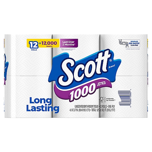 Scott 1000 Bath Tissue toilet paper roll contains 1000 sheets. Plus, Scott 1000 1-ply bathroom tissue dissolves quickly, so it's kinder to your plumbing and safe for sewer and septic systems.