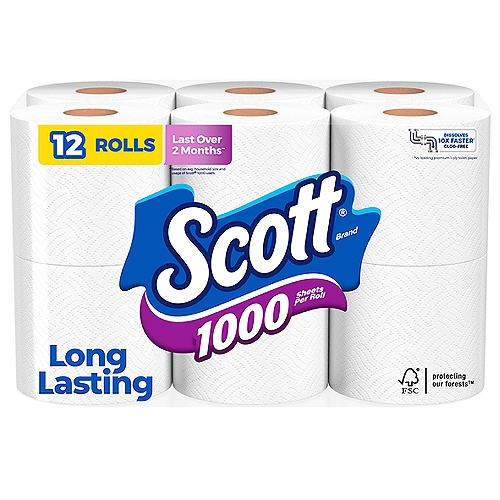 Scott Unscented Bathroom Tissue, 12 count
Scott 1000 Toilet Paper helps you spend time on what matters most with fewer roll changes and more value. With Scott 1000 Toilet Paper, you get 12 regular rolls of 1,000 sheets, so you have plenty of toilet paper for you and your loved ones. Plus, each roll of Scott 1000 bathroom tissue helps you get the job done with 1000 durable 1-layer sheets and lasts longer, dissolves faster* and breaks down 10x faster**. Scott 1000 1-ply toilet paper even dissolves quickly, so it's kinder to your plumbing, sewer-safe and septic-safe. We've been trusted for generations: Scott bathroom tissue is sustainably sourced from responsibly managed forests, features recyclable packaging and is a 100% biodegradable tissue. Keep life rolling by ordering Scott 1000 in bulk online! *vs the leading brand mega roll **vs the leading brand one ply