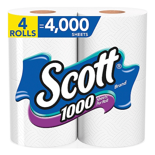Scott 1000 Toilet Paper helps you spend time on what matters most with fewer roll changes and more value. With Scott 1000 Toilet Paper, you get 4 regular rolls of 1,000 sheets, so you have plenty of toilet paper for you and your loved ones. Plus, each roll of Scott 1000 bathroom tissue helps you get the job done with 1000 durable 1-layer sheets and lasts longer, dissolves faster* and breaks down 10x faster**. Scott 1000 1-ply toilet paper even dissolves quickly, so it's kinder to your plumbing, sewer-safe and septic-safe. We've been trusted for generations: Scott bathroom tissue is sustainably sourced from responsibly managed forests, features recyclable packaging and is a 100% biodegradable tissue. Keep life rolling by ordering Scott 1000 in bulk online! *vs the leading brand mega roll **vs the leading brand one ply