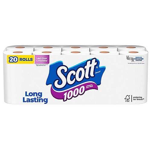 Scott Unscented Bathroom Tissue,1000 Sheets, 20 countnScott 1000 Toilet Paper helps you spend time on what matters most with fewer roll changes and more value. With Scott 1000 Toilet Paper, you get 20 regular rolls of 1,000 sheets, so you have plenty of toilet paper for you and your loved ones. Plus, each roll of Scott 1000 bathroom tissue helps you get the job done with 1000 durable 1-layer sheets and lasts longer, dissolves faster* and breaks down 10x faster**. Scott 1000 1-ply toilet paper even dissolves quickly, so it's kinder to your plumbing, sewer-safe and septic-safe. We've been trusted for generations: Scott bathroom tissue is sustainably sourced from responsibly managed forests, features recyclable packaging and is a 100% biodegradable tissue. Keep life rolling by ordering Scott 1000 in bulk online! *vs the leading brand mega roll **vs the leading brand one ply