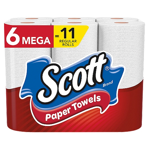 Scott Paper Towels Choose A Sheet Mega Rolls
Scott brand disposable paper towels clean messes fast with Rapid Ridges to get the job done. This paper towels 6 pack contains 6 Mega rolls, with 102 sheets per roll. When you buy Scott Towels, you get more sheets per dollar vs. the leading brand 55 ct. roll 5.9'' sheet size. Use a paper towel to clean up tabletops, food spills, and messy hands for adults and children. Conveniently disposable so you can toss the mess without having to launder. Minimal lint makes Scott towels great for cleaning glass and mirrors. Scott paper towels are sustainably sourced from responsibly managed forests. Quality you can rely on for the value you expect from the Scott brand. Spare the hassle of the store and have them conveniently delivered to you. Buy in bulk and save!