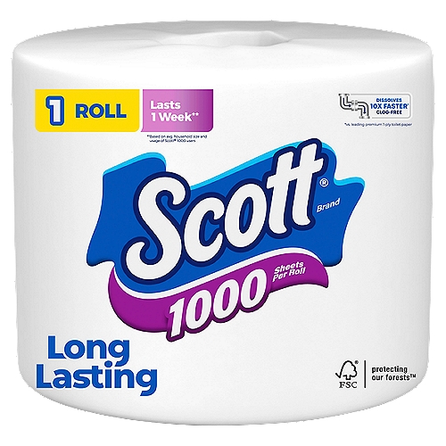 Scott 1000 Toilet Paper Regular Rolls 1 Ply Toilet Tissue
Scott 1000 Toilet Paper helps you spend time on what matters most with fewer roll changes and more value. With Scott 1000 Toilet Paper, you get 1 regular roll of 1,000 sheets, so you have plenty of toilet paper for you and your loved ones. Plus, each roll of Scott 1000 bathroom tissue helps you get the job done with 1000 durable 1-layer sheets and lasts longer, dissolves faster* and breaks down 10x faster**. Scott 1000 1-ply toilet paper even dissolves quickly, so it's kinder to your plumbing, sewer-safe and septic-safe. We've been trusted for generations: Scott bathroom tissue is sustainably sourced from responsibly managed forests, features recyclable packaging and is a 100% biodegradable tissue. Keep life rolling by ordering Scott 1000 in bulk online! *vs the leading brand mega roll **vs the leading brand one ply