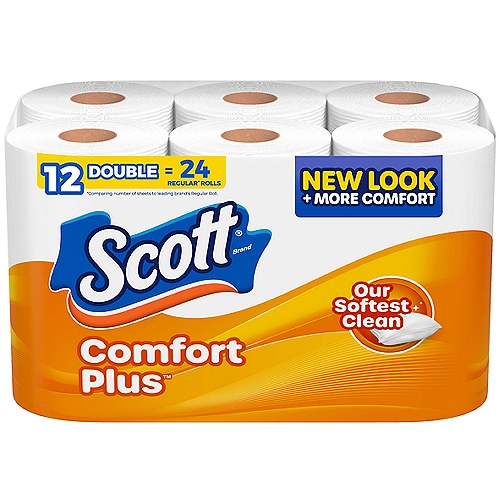 Scott ComfortPlus Unscented Bathroom Tissue, 12 countnDiscover comfort and clean you can trust with Scott ComfortPlus toilet tissue rolls: 1-layer toilet paper that offers everyday comfort plus reliable strength. With Scott ComfortPlus Toilet Paper, you get 12 Double Rolls of 231 sheets, so you have plenty of toilet paper for you and your loved ones. Scott ComfortPlus breaks down 6x faster vs the leading brand one ply and is sewer-safe, septic-safe and clog-free. And here's one more reason why Scott ComfortPlus toilet paper is the perfect addition to your household supplies: Our 1-ply toilet tissue paper combines just the right amount of softness and strength by featuring thick and plush sheets for a trusted, comforting clean. We've been trusted for generations: Scott bathroom tissue is sustainably sourced from responsibly managed forests, features recyclable packaging and is a 100% biodegradable tissue. Keep life rolling by ordering Scott ComfortPlus in bulk online! * vs the leading brand one ply