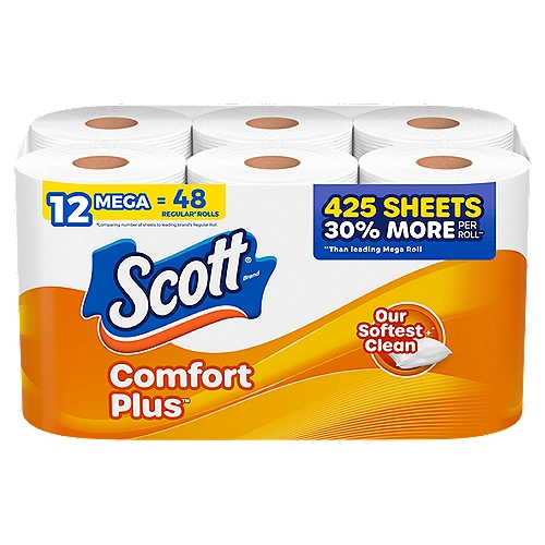 Discover comfort and clean you can trust with Scott ComfortPlus toilet tissue rolls: 1-layer toilet paper that offers everyday comfort plus reliable strength. With Scott ComfortPlus Toilet Paper, you get 12 Mega Rolls of 425 sheets, so you have plenty of toilet paper for you and your loved ones. Scott ComfortPlus breaks down 6x faster vs the leading brand one ply and is sewer-safe, septic-safe and clog-free. And here's one more reason why Scott ComfortPlus toilet paper is the perfect addition to your household supplies: Our 1-ply toilet tissue paper combines just the right amount of softness and strength by featuring thick and plush sheets for a trusted, comforting clean. We've been trusted for generations: Scott bathroom tissue is sustainably sourced from responsibly managed forests, features recyclable packaging and is a 100% biodegradable tissue. Keep life rolling by ordering Scott ComfortPlus in bulk online! * vs the leading brand one ply