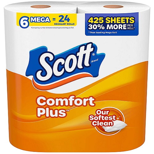 Discover comfort and clean you can trust with Scott ComfortPlus toilet tissue rolls: 1-layer toilet paper that offers everyday comfort plus reliable strength. With Scott ComfortPlus Toilet Paper, you get 6 Mega Rolls of 425 sheets, so you have plenty of toilet paper for you and your loved ones. 3x stronger than the leading bargain brand, Scott ComfortPlus breaks down 6x faster vs the leading brand one ply and is sewer-safe, septic-safe and clog-free. And here's one more reason why Scott ComfortPlus toilet paper is the perfect addition to your household supplies: Our 1-ply toilet tissue paper combines just the right amount of softness and strength by featuring thick and plush sheets for a trusted, comforting clean. We've been trusted for generations: Scott bathroom tissue is sustainably sourced from responsibly managed forests, features recyclable packaging and is a 100% biodegradable tissue. Keep life rolling by ordering Scott ComfortPlus in bulk online! * vs the leading brand one ply