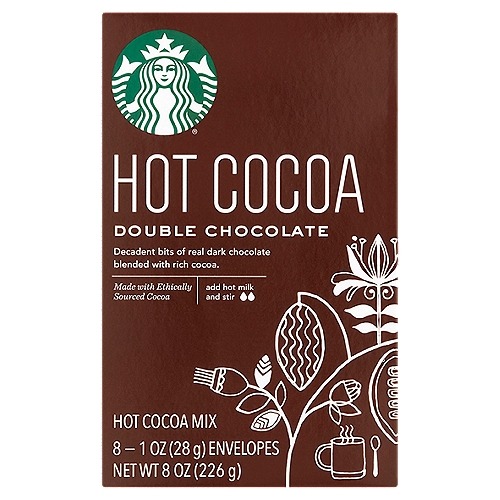 Starbucks Double Chocolate Hot Cocoa Mix, 1 oz, 8 count
Decadent Bits of Real Dark Chocolate Blended with Rich Cocoa

Have some chocolate with your chocolate. We mixed delicious cocoa with dark chocolate pieces that melt right in your cup.