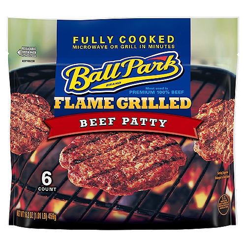Ball Park Flame Grilled Beef Patty, 6 count, 16.2 oz
Flame Grilled Patties
Nothing beats the taste of grilled meat - Except the Taste of Grilled Meat Fast!
Ball Park's perfectly seasoned beef patties are flame-grilled so all you have to do is heat for hot-off-the-grill taste in minutes. It's flame-grilled fast!
