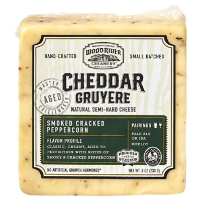 Wood River Creamery Cheddar Gruyere Smoked Cracked Peppercorn Natural Semi-Hard Cheese, 8 oz