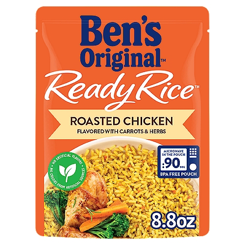 BEN'S ORIGINAL Ready Rice Roasted Chicken Flavored Rice makes it easier than ever to create a deliciously seasoned flavored cooked rice meal in just 90 seconds. This convenient microwave rice delivers the rich flavor of roasted chicken with carrots and herbs for a hearty rice side dish you'll love. BEN'S ORIGINAL Ready Rice comes in a BPA-free microwavable rice pouch that eliminates prep and cleanup for effortless cooking. All you have to do is place the pouch in the microwave and cook for 90 seconds for a quick and satisfying rice side dish. For traditional preparation, pour the contents into a skillet and heat thoroughly until ready to serve. Enjoy this parboiled rice plain, paired with chicken, or use it as a base for a delicious casserole. This chicken flavored rice contains no artificial flavors, no colors from artificial sources, and no trans fat. BEN'S ORIGINAL is dedicated to creating meals and experiences that offer everyone a seat at the table.