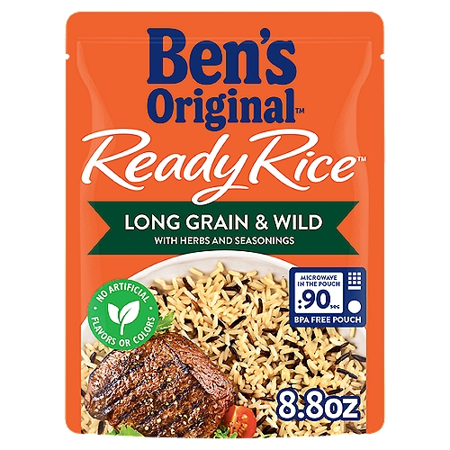 BEN'S ORIGINAL™ READY RICE™, Long Grain & Wild, 8.8 oz. pouch
BEN'S ORIGINAL Ready Rice Long Grain and Wild Flavored Rice brings variety to your meals with the convenience of seasoned microwave rice that is ready in just 90 seconds. Fully precooked for your convenience, this parboiled rice pouch offers a combination of long grain rice and wild rice with 23 herbs and seasonings to help you enjoy a delicious cooked rice side dish or make your meals more flavorful. Ready Rice comes in a BPA-free microwaveable rice pouch that eliminates prep and cleanup so you can spend less time cooking. Simply squeeze the rice pouch to separate the grains and microwave for 90 seconds. For traditional preparation, you can also heat this seasoned rice in a skillet until it's ready to serve. Pair this rice with your favorite meats or serve it plain for a quick bite. This parboiled rice mix contains no artificial flavors, no artificial colors, and no trans fat. BEN'S ORIGINAL is dedicated to creating meals and experiences that offer everyone a seat at the table.