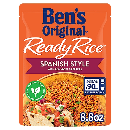 BEN'S ORIGINAL™ READY RICE™, Spanish Style, 8.8 oz. pouch
BEN'S ORIGINAL Ready Rice Spanish Style Flavored Rice is a convenient microwave rice option that makes it easy to taste deliciously seasoned, Spanish-inspired parboiled rice in seconds. This Spanish rice pouch offers pre-cooked long grain rice with the savory flavors of tomatoes, peppers, herbs, and spices for a cooked rice side dish you and your guests will love. Available in an easy-to-handle, BPA-free microwaveable rice pouch, Ready Rice eliminates prep and cleanup to help you spend less time in the kitchen. Bring a flavorful addition to your meals by cooking this Spanish rice in the microwave for 90 seconds, or thoroughly heating it in a skillet before serving. Pair this seasoned rice with chicken, Mexican dishes, or serve it plain for a quick bite. This parboiled rice contains no artificial flavors, no colors from artificial sources, no trans fat, or cholesterol. BEN'S ORIGINAL is dedicated to creating meals and experiences that offer everyone a seat at the table.