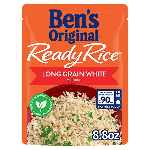 BEN'S ORIGINAL™ READY RICE™, Original Long Grain White, 8.8 oz. pouch
BEN'S ORIGINAL Ready Rice Original Long Grain White Rice provides a delicious base for cooked rice meals in just 90 seconds. This parboiled long grain rice tastes great as a rice side dish or as part of a savory main course, offering the classic taste and texture you and your family love. Ready Rice helps you prepare a satisfying meal in no time with a convenient BPA-free microwave rice pouch that eliminates prep and cleanup. Simply squeeze the rice pouch to separate the grains and cook it in the microwave for 90 seconds. You can also pour the rice into a skillet, add two tablespoons of water and heat it until ready to serve. Pair this long grain white rice with your favorite meats or serve it plain. This parboiled rice is vegetarian, low in fat, and contains very low sodium, no artificial flavors, no artificial colors, no preservatives, trans fat, or cholesterol. BEN'S ORIGINAL is dedicated to creating meals and experiences that offer everyone a seat at the table.