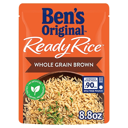 BEN'S ORIGINAL Ready Rice Whole Grain Brown Rice provides the delicious and wholesome taste of whole grain brown rice in just 90 seconds. This parboiled long grain brown rice delivers a chewy texture and nutty aroma that makes it the perfect addition to all your cooked rice recipes. Ready Rice comes in a BPA-free microwave rice pouch that eliminates prep and cleanup, making it easier than ever to create a tasty meal. All you have to do is microwave the rice pouch for 90 seconds or pour the contents into a skillet and heat thoroughly before serving. Great as a satisfying rice side dish or as part of a savory main course, serve this parboiled rice plain or pair it with your favorite meats and stir frys. This whole grain brown rice is vegetarian, made with 100% whole grains, contains no artificial flavors, no artificial colors, no preservatives, trans fat, or cholesterol. BEN'S ORIGINAL is dedicated to creating meals and experiences that offer everyone a seat at the table.