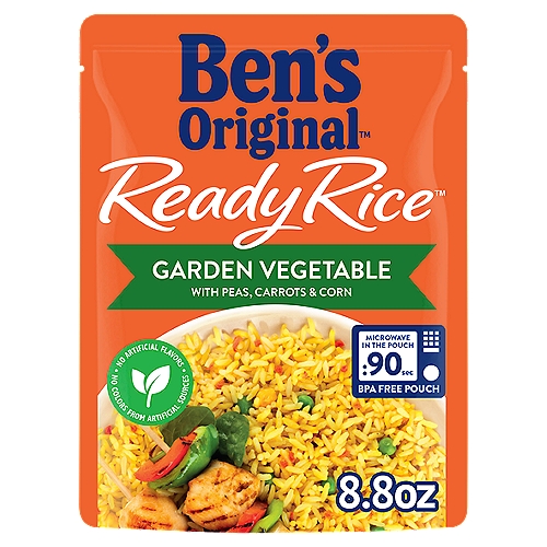 BEN'S ORIGINAL™ READY RICE™, Garden Vegetable, 8.8 oz. pouch
You don't need a lot of time to get a lot flavor with Ben´s Original™ Garden Vegetable READY RICE™! In just 90 seconds you can serve your family a deliciously seasoned rice dish with the flavors of long grain rice mixed with peas, carrots, and corn. You know us as the brand behind the world's best rice. Now find out how we're making the world better, creating opportunities that offer everyone a seat at the table. Visit Bensoriginal.com to learn more.

Good to know
No artificial flavors or colors from artificial sources
Enjoy as part of a balanced weekly diet