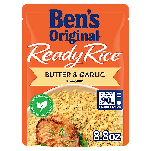 BEN'S ORIGINAL™ READY RICE™, Butter & Garlic, 8.8 oz. pouch
BEN'S ORIGINAL Ready Rice Butter and Garlic Flavored Rice offers delicious seasoned parboiled rice that comes pre-cooked and is ready to serve in only 90 seconds. Perfect as part of a main course or as an easy rice side dish, this microwave rice pouch delivers long grain rice with creamy butter and aromatic garlic for a tasty cooked rice meal packed with flavor. BEN'S ORIGINAL Ready Rice comes in a BPA-free microwavable rice pouch that makes cooking easier by eliminating prep and cleanup. To enjoy great-tasting butter and garlic rice, place the pouch in the microwave and cook it for 90 seconds. You can also pour the contents into a skillet and heat thoroughly until it's ready to serve. Pair this seasoned rice with your favorite meats, use it to prepare savory recipes or serve it plain. This seasoned rice is vegetarian, contains no artificial flavors, no colors from artificial sources, no trans fat, or cholesterol. BEN'S ORIGINAL is dedicated to creating meals and experiences that offer everyone a seat at the table.