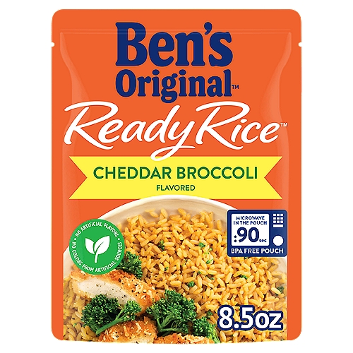 BEN'S ORIGINAL™ READY RICE™, Cheddar & Broccoli, 8.5 oz. pouch
BEN'S ORIGINAL Ready Rice Cheddar Broccoli Flavored Rice is a delightfully creamy microwave rice side dish that is ready to enjoy in just 90 seconds. This deliciously seasoned long grain rice offers the rich taste of cheddar and the flavor of wholesome broccoli for a cooked rice meal you'll love. Available in a convenient BPA-free microwavable rice pouch, BEN'S ORIGINAL Ready Rice eliminates prep and cleanup to help you enjoy a flavorful meal quicker. All you have to do is place the cheddar broccoli rice pouch in the microwave and cook it for 90 seconds, or thoroughly heat the contents of the pouch in a skillet until ready to serve. Pair this flavored rice with your favorite meats, use it as a base for a tasty casserole, or serve it plain. This rice is vegetarian, contains no artificial flavors and no colors from artificial sources. BEN'S ORIGINAL is dedicated to creating meals and experiences that offer everyone a seat at the table.