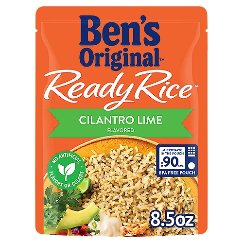 BEN'S ORIGINAL™ READY RICE™, Cilantro Lime, 8.5 oz. pouch
BEN'S ORIGINAL Ready Rice Cilantro Lime Flavored Rice makes it easier than ever to create a tasty meal in minutes. This long grain rice comes fully precooked with fresh pops of cilantro and a bright, flavorful lime finish that will enhance any cooked rice meal. Available in a BPA-free microwavable rice pouch, BEN'S ORIGINAL Ready Rice allows you to enjoy delicious parboiled rice without any prep or cleanup. All you have to do is place the pouch in the microwave and cook it for 90 seconds, or pour the contents into a skillet and heat thoroughly for traditional preparation. This cilantro lime rice side dish tastes great with tacos or served plain with your favorite protein. Ready Rice cilantro lime flavored rice is vegetarian and contains no artificial flavors, no artificial colors, no trans fat or cholesterol. BEN'S ORIGINAL is dedicated to creating meals and experiences that offer everyone a seat at the table.