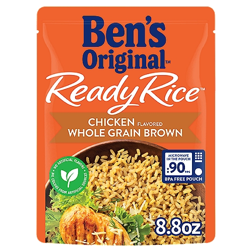BEN'S ORIGINAL™ READY RICE™, Chicken Flavored Whole Grain Brown, 8.8 oz. pouch
BEN'S ORIGINAL Ready Rice Chicken Flavored Whole Grain Brown Rice is a wholesome parboiled rice option to help you spend less time in the kitchen so you can enjoy a delicious cooked rice meal in minutes. This chicken flavored rice side dish comes fully cooked, offering a hearty and comforting taste that is perfect for sharing or eating on your own. Available in a BPA-free microwavable rice pouch, BEN'S ORIGINAL Ready Rice eliminates prep and cleanup for fast and effortless cooking. Place the whole grain rice pouch in the microwave and cook it for 90 seconds, or thoroughly heat the contents of the pouch in a skillet until ready to serve. Pair this seasoned rice with your favorite meats, serve it plain, or use it as a base for easy recipes. This flavored rice is made with 100% whole grains and contains no artificial flavors, no colors from artificial sources, and no trans fat. BEN'S ORIGINAL is dedicated to creating meals and experiences that offer everyone a seat at the table.