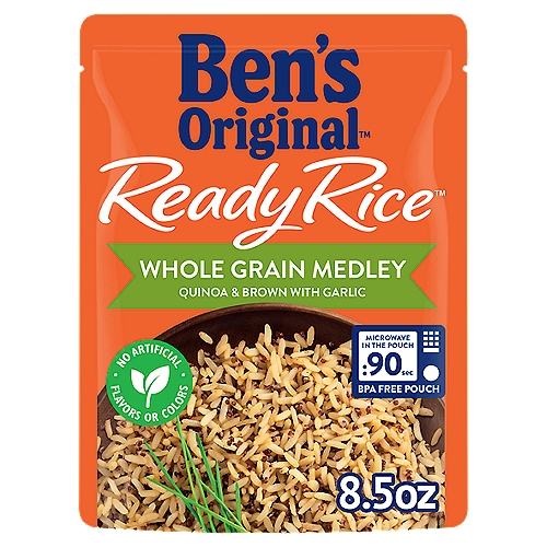 BEN'S ORIGINAL™ READY RICE™, Whole Grain Medley Quinoa and Brown, 8.5 oz. pouch
BEN'S ORIGINAL Ready Rice Whole Grain Medley Quinoa and Brown Rice delivers wholesome seasoned parboiled rice that is ready to eat in seconds. This convenient microwave rice pouch offers a medley of pre-cooked whole grain brown rice with red and black quinoa, infused with the tempting taste and aroma of roasted garlic for a delicious savory cooked rice side dish you'll love. Ready Rice comes in a BPA-free microwaveable rice pouch that eliminates prep and cleanup to help you prepare a tasty meal with little effort. All you have to do is cook the rice in the microwave for 90 seconds. You can also pour the contents of the rice pouch into a skillet and heat thoroughly before serving. Ready Rice Whole Grain Medley tastes great plain or paired with your favorite meats and vegetables. This flavored rice is made with 100% whole grains, contains no artificial flavors, no artificial colors, no trans fat, or cholesterol and is low in saturated fat. BEN'S ORIGINAL is dedicated to creating meals and experiences that offer everyone a seat at the table.