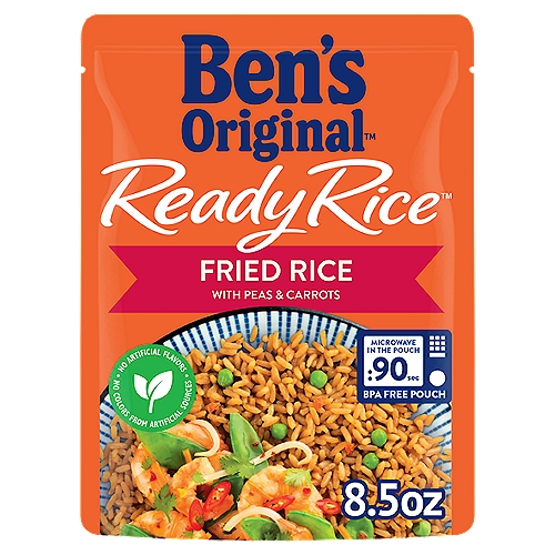 BEN'S ORIGINAL™ READY RICE™ Fried Rice, 8.5 oz. pouch
BEN'S ORIGINAL Ready Rice Fried Rice helps you treat your family to a side of tender stir fry long grain rice and savory veggies in just 90 seconds. This microwave rice pouch offers parboiled long grain rice with carrots and peas for delicious flavored rice that will enhance any meal. BEN'S ORIGINAL Ready Rice comes in a BPA-free microwavable pouch, eliminating prep and cleanup to make your time in the kitchen easier. Microwave the rice pouch for 90 seconds or pour the contents into a skillet and heat thoroughly before serving to enjoy as a satisfying rice side dish or as part of a savory main course. Add a handful of veggies to this parboiled rice for a personal touch, or toss some egg into the mix for an authentic cooked rice dish. This fried rice contains no artificial flavors, no colors from artificial sources and no trans fat. BEN'S ORIGINAL is dedicated to creating meals and experiences that offer everyone a seat at the table.