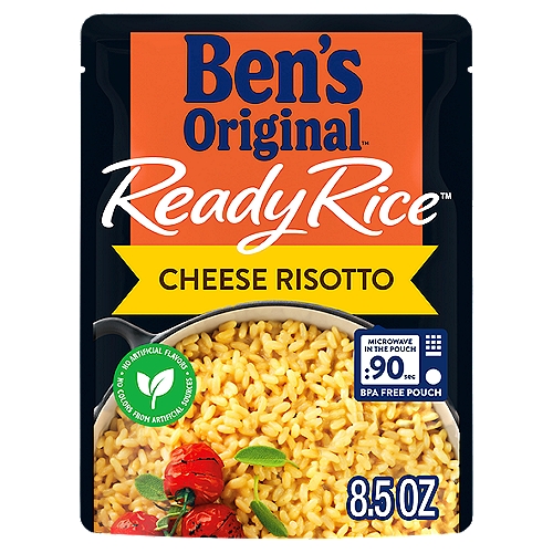 Ben's Original Ready Rice Cheese Risotto, 8.5 oz
BEN'S ORIGINAL Ready Rice Cheese Risotto Rice is a deliciously creamy, cheesy rice that is ready to eat in only 90 seconds. This cheese flavored rice side dish is made with arborio rice and a hearty combination of cheddar, parmesan and blue cheese, offering quick and flavorful cooked rice that will satisfy your comfort food needs. Available in a BPA-free microwave rice pouch, BEN'S ORIGINAL Ready Rice shortens your time in the kitchen by eliminating prep and cleanup for your convenience. All you have to do is add water and cook it in the microwave for 90 seconds. If you prefer traditional preparation, pour the rice pouch contents into a skillet, add water and heat until it is ready to serve. Enjoy this cheesy risotto plain or pair it with your favorite meats for a savory main course. This cheese rice contains no artificial flavors, no colors from artificial sources, no trans fats. BEN'S ORIGINAL is dedicated to creating meals and experiences that offer everyone a seat at the table.
