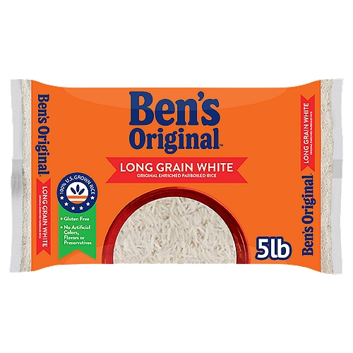 BEN'S ORIGINAL™ Long Grain White Original Enriched Parboiled Rice, 5 lbs.
BEN'S ORIGINAL Enriched Parboiled Long Grain White Rice brings an iron- and vitamin-rich meal to your entire family; a perfect combination of classic flavor and firm texture to please the palate. Partially steam-cooked before being dried, this parboiled rice works as an ideal complement to a variety of cooked rice dishes, delivering a fat-free source of deliciousness to any diet. A busy schedule or an active lifestyle pose no problems — this long grain white rice allows for quick, simple preparation. Combine the long grain rice and water in a saucepan, bring the water to full boil before reducing the heat and letting the rice simmer for about 20 minutes. If you prefer a softer rice texture, use more water and increase the cooking time. Fluff with a fork before serving, and enjoy delectable whole grains of white rice with friends and family. This bagged rice works as part of a nourishing salad when paired with nuts and vegetables. Consider ground cumin or turmeric if you're aiming for aromatic flavors. Alternatively, whip up a yummy desert by mixing the rice with milk, sugar and ground cinnamon to create a sweet rice pudding that's bound to delight the youngsters. Made with no artificial flavors, colors or preservatives, this BEN'S ORIGINAL Parboiled Long Grain White Rice lets you serve an appetizing, wholesome meal to your loved ones. BEN'S ORIGINAL is dedicated to creating meals and experiences that offer everyone a seat at the table.