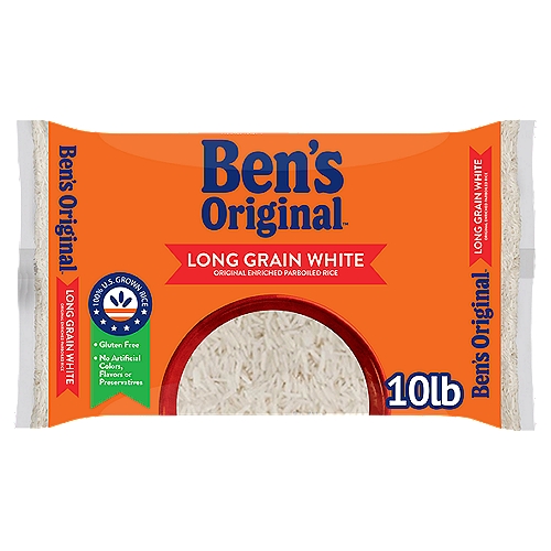 BEN'S ORIGINAL™ Long Grain White Original Enriched Parboiled Rice, 10 lbs.
BEN'S ORIGINAL Enriched Parboiled Long Grain White Rice brings an iron- and vitamin-rich meal to your entire family; a perfect combination of classic flavor and firm texture to please the palate. Partially steam-cooked before being dried, this parboiled rice works as an ideal complement to a variety of cooked rice dishes, delivering a fat-free source of deliciousness to any diet. A busy schedule or an active lifestyle pose no problems — this long grain white rice allows for quick, simple preparation. Combine the long grain rice and water in a saucepan, bring the water to full boil before reducing the heat and letting the rice simmer for about 20 minutes. If you prefer a softer rice texture, use more water and increase the cooking time. Fluff with a fork before serving, and enjoy delectable whole grains of white rice with friends and family. This bagged rice works as part of a nourishing salad when paired with nuts and vegetables. Consider ground cumin or turmeric if you're aiming for aromatic flavors. Alternatively, whip up a yummy desert by mixing the rice with milk, sugar and ground cinnamon to create a sweet rice pudding that's bound to delight the youngsters. Made with no artificial flavors, colors or preservatives, this BEN'S ORIGINAL Parboiled Long Grain White Rice lets you serve an appetizing, wholesome meal to your loved ones. BEN'S ORIGINAL is dedicated to creating meals and experiences that offer everyone a seat at the table.