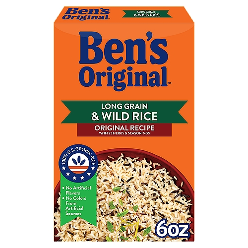 BEN´S ORIGINAL™ Flavored Grains, Long Grain & Wild Original Recipe, 6 oz. box
BEN'S ORIGINAL Long Grain and Wild Rice lets you discover the endless potential of seasoned cuisine with its blend of 23 herbs and seasonings. The flavorful mix of long grain rice and wild rice works well as part of myriad cooked rice meals or as a delectable flavored rice side dish — whichever option you choose, everyone sitting around the table will love your culinary creations. Only a few easy steps separate you from a tasty dish; simply combine your long grain and wild rice with water in a medium-sized saucepan, bring the mix to a boil, and then reduce the heat to Low. After letting it simmer for 20 minutes, keep your rice covered and away from heat for about five minutes. Finally, fluff your rice and serve a delicious, savory meal that's bound to impress. If you have a microwave, combine your rice and water in a microwave-safe glass dish and keep it inside on High until the water is absorbed. Partake of BEN'S ORIGINAL Long Grain and Wild Rice with red or yellow bell peppers, ground turkey and shredded Monterey jack cheese for a memorable dining experience. To bring a bit of Middle Eastern flair to your meals, serve an exquisite wild rice tabbouleh by mixing your long grains with chopped parsley, freshly diced tomatoes and peeled cucumbers. BEN'S ORIGINAL Rice contains no artificial flavors, colors and preservatives to help you always prepare nutritional and wholesome rice meals for your family and friends. BEN'S ORIGINAL is dedicated to creating meals and experiences that offer everyone a seat at the table.