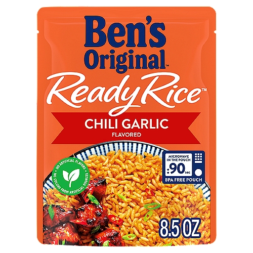 Ben's Original Ready Rice Chili Garlic Flavored Rice, 8.5 oz
BEN'S ORIGINAL Ready Rice Chili Garlic Flavored Rice makes it easy for you to spice up your meals with convenient microwave rice that is ready to eat in only 90 seconds. Combining parboiled long grain rice with chili peppers, garlic and spices, this rice pouch offers a delicious alternative to plain cooked rice with the right amount of heat to make your meals more flavorful. Perfect for people looking to cut down their time in the kitchen, this parboiled rice comes in a convenient BPA-free microwaveable pouch that eliminates prep and cleanup, allowing you to prepare a satisfying rice side dish quickly. All you have to do is place the rice pouch in the microwave and cook for 90 seconds. For traditional preparation, simply empty the pouch into a skillets and heat until it is ready to serve. Enjoy this savory flavored rice on its own for a quick bite, pair it with beans or your favorite protein, or use it to prepare a hearty casserole. BEN'S ORIGINAL Ready Rice Chili Garlic Rice contains no artificial flavors and no colors from artificial sources. BEN'S ORIGINAL is dedicated to creating meals and experiences that offer everyone a seat at the table.