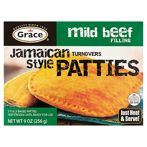 Grace Mild Beef Filling Jamaican Style Turnovers Patties, 2 count, 9 oz
Jamaican patties are one of the best most popular and delicious snack foods in Jamaica, and are rapidly being discovered and enjoyed the world over! Jamaican Style Patties are scrumptious, savory pastries will fillings made from any meat or vegetable, and baked inside a tender, flaky crust. The traditional and still the most popular filling is ground beef. Jamaican Style Patties are ideal for a light lunch or a quick, convenient snack on-the-go any time of day! Baking in a conventional or toaster oven, produces the best results - for a crispy, flaky, delicious crust, but Jamaican Style Patties can also be heated in the microwave in just 1 1/2 minutes!