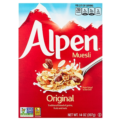 Alpen Original Muesli, 14 oz
Mountains of taste in every bowl!

Our Swiss style muesli is bursting with delicious, wholesome ingredients. We've combined hearty rolled oats and toasted wheat flakes with almonds, hazelnuts and sweet raisins to bring you a breakfast you can truly savor. Try it with yogurt and fresh fruit.

48g of Whole Grain*
6g of Fiber*
*per serving