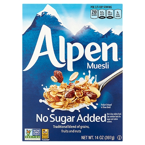 Alpen Muesli, 14 oz
Mountains of taste in every bowl!
Our Swiss style muesli is bursting with delicious, wholesome ingredients. We've combined hearty rolled oats and toasted wheat flakes with almonds, hazelnuts and sweet raisins to bring you a breakfast you can truly savor. Try it with yogurt and fresh fruit.

52g of whole grain*
7g of fiber*
*per serving