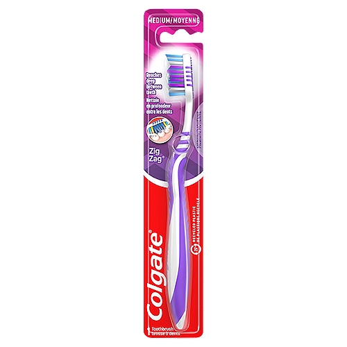 Colgate ZigZag Toothbrush is a medium toothbrush designed with v-shaped cross bristles to reach deep between teeth for an effective clean that reaches the right places. This toothbrush also has a soft tongue cleaner that gently removes odor causing bacteria from your tongue and cheeks. Not only comfortable to allow more control during your brushing routine, the Colgate ZigZag Toothbrush is also responsibly made.* Made in a zero true waste, LEED-certified facility, the ZigZag toothbrush features a 25% recycled plastic toothbrush handle and a 100% recycled paperboard backercard. These deep clean toothbrushes come in different colors for multiple people in a household or for a replenishment. Remember to change your toothbrush every 3 months.nncolgate toothbrush, manual toothbrush, soft toothbrush bristles, adult toothbrush, cheek tongue cleaner, full head, travel toothbrush, bulk toothbrushes, family toothbrushes, value pack toothbrushes, toothbrushes