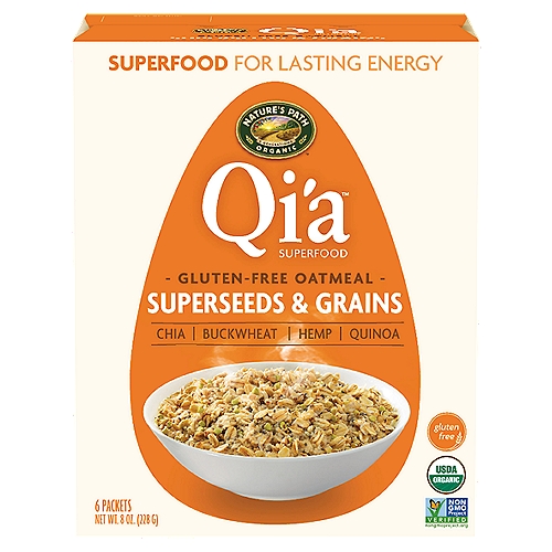 Nature's Path Qi'a oatmeals are unique blends of organic, gluten free oats and super seeds for a boost of plant-based proteins and healthy fats. Superfoods like the chia and hemp seeds in the Qi'a blend, give a little boost of energizing minerals and anti-inflammatory omega 3 fats to meals. These nourishing, nutrient-dense plant foods help support a demanding lifestyle and are delicious in our gluten free, vegan oatmeal.nnExcellent source of ALA omega-3†n36g Whole Grains*n†Contains 0.32g of ALA Omega-3 per serving, which is 20% of the recommended daily value of 1.6g for ALA.n*per 38g servingnnSuperfood for Lasting EnergynChianWith a nut-like flavor, chia is rich in fiber and Omega-3s, and expands when hydrated.nBuckwheatnA gluten-free grain, rich amino acids, fatty acids, and B vitamins.nHempnA seed with complete protein containing Omega-3 and 6.nQuinoanQuinoa is a protein-rich grain first cultivated over 5,000 years ago by the Andean Indians, who considered it sacred, and called it ''mother grain''.nnAn essential diet for people with celiac disease or who are gluten-sensitive.nOur oats are third-party tested using the R-5 ELISA testing methodology to confirm purity.nChia, buckwheat, and hemp are seeds and grains that support a gluten-free diet.nnA creamy blend of gluten free oats boosted with superfoods chia and hemps seeds.