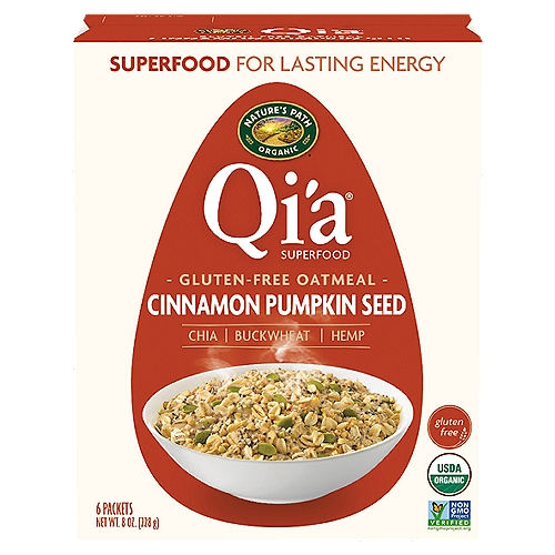 Nature's Path Qi'a oatmeals are unique blends of organic, gluten free oats and super seeds for a boost of plant-based proteins and healthy fats. Superfoods like the chia and hemp seeds in the Qi'a blend, give a little boost of energizing minerals and anti-inflammatory omega 3 fats to meals. These nourishing, nutrient-dense plant foods help support a demanding lifestyle and are delicious in our gluten free, vegan oatmeal.nnExcellent Source of ALA Omega-3†n†Contains 320mg of ALA per Serving, which is 20% of the 1.6g Daily Value for ALA.nnNo Salt Added, Only 1g Sugar*n31g Whole Grains*n*Per 38g servingnnWant long lasting energy from your breakfast?nQi'a (pronounced Kee-ah) oatmeal is made with gluten-free rolled oats, chia, hemp and buckwheat to boost your nutrition, keep you feeling full longer and provide long lasting energy throughout your busy day. This trio of power seeds is full of plant-based protein, fiber & ALA Omegas that keep you satisfied and energized.nnA creamy blend of gluten free oats boosted with super seeds and cinnamon.