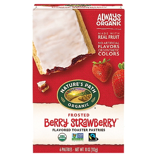 Nature's Path Berry Strawberry Frosted Toaster Pastries, 11 oz
Nature's Path frosted strawberry organic toaster pastries contain a real strawberry fruit filling, encased in an organic pastry, and lightly frosted. You get 2 pastries per wrapper, 6 pastries per box. These organic toaster pastries are always made with real fruit, Fairtrade ingredients and no artificial flavors. The real, fruit-filled center is baked into a golden pastry for a tasty treat straight out of the toaster.

Our organic toaster pastries are always made with real fruit, Fairtrade ingredients and no artificial flavors. The filling is baked into a golden pastry & finished with frosting for a tasty treat straight out of the toaster.