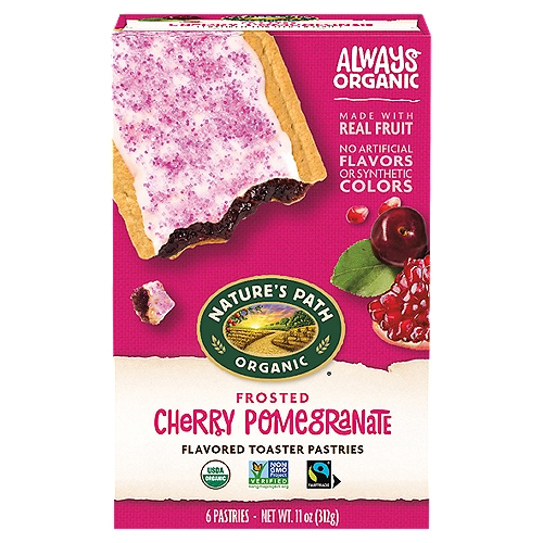 Nature's Path Cherry Pomegranate Frosted Toaster Pastries, 11 oz
Nature's Path frosted cherry pomegranate organic toaster pastries contain a real organic cherry and pomegranate juice filling, encased in a lightly frosted organic pastry shell. You get 2 pastries per wrapper, 6 pastries per box. These organic toaster pastries are always made with real fruit, Fairtrade ingredients and no artificial flavors. The real, fruit-filled center is baked into a golden pastry for a tasty treat straight out of the toaster.

Real Organic Goodness
Real organic cherries
Sweet icing
Pomegranate juice

Our organic toaster pastries are always made with real fruit, Fairtrade ingredients and no artificial flavors. The filling is baked into a golden pastry & finished with frosting for a tasty treat straight out of the toaster.