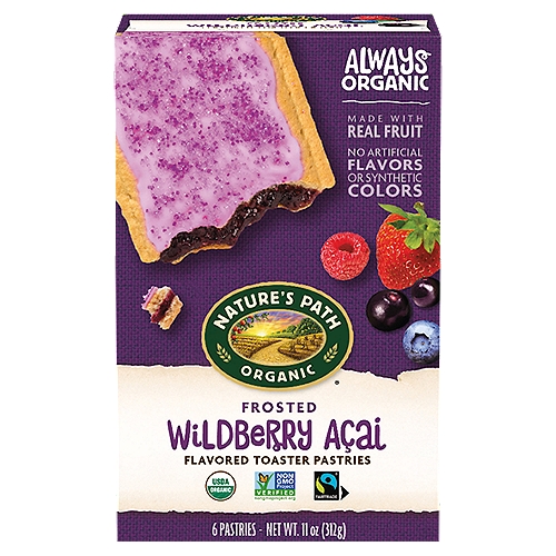 Nature's Path Wildberry Açai Frosted Toaster Pastries, 11 oz
Nature's Path Wildberry Açai frosted organic toaster pastries contain a fruity mix of organic raspberries, blueberries, strawberries and açai, encased in a lightly frosted organic pastry shell. You get 2 pastries per wrapper, 6 pastries per box. These organic toaster pastries are always made with real fruit, Fairtrade ingredients and no artificial flavors. The real, fruit-filled center is baked into a golden pastry for a tasty treat straight out of the toaster.

Real Organic Goodness
Real organic berries
Sweet icing

Our organic toaster pastries are always made with real fruit, Fairtrade ingredients and no artificial flavors. The filling is baked into a golden pastry & finished with frosting for a tasty treat straight out of the toaster.