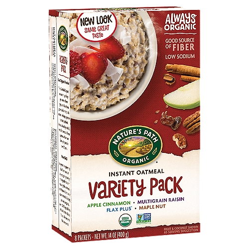 Nature's Path Instant Oatmeal Variety Pack, 14 oz
8 single serve packets of quick cooking oats. Choose from Flax Plus, Multigrain Raisin, Maple Nut and Apple Cinnamon. These packs of organic oats are portion controlled so you can have a quick and easy breakfast (or day-time snack!). Simply add hot water and stir. Let it sit for a couple of minutes and you're ready to enjoy.

Crafted with Care
We've carefully selected your favorite flavors to create this variety pack made with Certified Organic rolled oats, that we're sure you'll love!

Apple Cinnamon
35g Whole Grains*, 5g Protein*, 4g Fiber*

Multigrain Raisin
28g Whole Grains*, 4g Protein*, 4g Fiber*

Flax Plus®
37g Whole Grains*, 6g Protein*, 5g Fiber*

Maple Nut
37g Whole Grains*, 5g Protein*, 4g Fiber*
*Per Serving

Non-GMO
No genetic engineering has been used at any stage in growing the ingredients or in making this oatmeal. At Nature's Path, we're committed to feeding you only organic non-GMO ingredients, It's the better choice for our bodies and for the planet