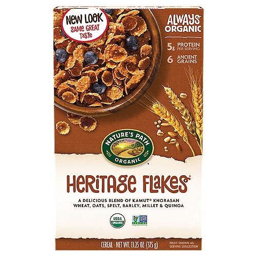 Nature's Path Heritage Flakes Cereal, 13.25 oz
Nature's Path Heritage Flakes is a wholesome, hearty, nutty and crunchy cereal to start your day. It features 6 ancient grains, including KAMUT, quinoa, spelt, millet, oats and barley. Each of these super grains were carefully chosen because of the unique benefits to your health, and the crunchy granola clusters add some variety to your morning breakfast routine.

A Delicious Blend of Kamut® Khorasan Wheat, Oats, Spelt, Barley, Millet & Quinoa

Real Crunchy Cereal (and it's not just for hippies)
Mineral-rich grains like wheat, spelt & quinoa
Fiber-filled
rolled oats
Just a touch of honey
Real Crunchy Cereal (and it's not just for hippies)

To create our Heritage Flakes cereal we baked together organic ancient grains like Kamut® khorasan wheat, oats, spelt, and quinoa with honey for a super crunchy, fiber-rich breakfast you can't help but love. And with such simple, wholesome ingredients - you'll see how good organic food can be.
...with these Always Organic options
Crunchy Clusters

A hearty, crunchy cereal made from ancient grains-kamut, quinoa, spelt, millet, oats and barley.
