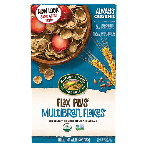 Nature's Path Flax Plus Organic Multibran Flakes Cereal, 13.25 oz
Nature's Path Flax Plus Multibran flakes are nutrient-dense, crunchy organic cereal flakes. Packed with whole grains and flax, this healthy cereal is an excellent source of ALA omega-3s for heart healthy living.

Excellent Source of ALA Omega-3†
ALA omega-3-rich† flax seeds
†Contains 533 mg of ALA per serving, which is 33% of the 1.6g Daily Value for ALA.

The recipe for our Flax Plus Multibran Flakes is a blend of organic wheat, oat bran, and flax seeds for a deliciously crunchy cereal you can't help but love. And with such simple, wholesome ingredients - you'll see how good organic food can be.

Tasty, crunchy cereal flakes with protein and fiber from flax and whole grains.