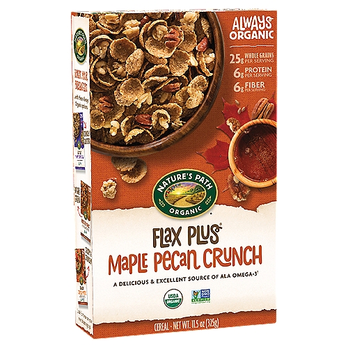 Nature's Path Flax Plus Maple Pecan Crunch Cereal, 11.5 oz
Nature's Path Flax Plus Maple Pecan Crunch are nutrient-dense whole wheat and flax flakes, combined with toasted granola clusters, organic pecans and real, organic maple syrup. Subtly sweet, wholesome and crunchy, this cereal offers a delicious and multi-textured way to start your day.

A Delicious & Excellent Source of ALA Omega-3†

ALA omega-3 rich† flax seeds
†Contains 790 mg of ALA per serving, which is 49% of the 1.6g daily value for ALA.

To make our Flax Plus Maple Pecan Crunch, we combined organic whole wheat and flax flakes, rolled oat granola clusters, a sprinkle of pecans, and a drizzle of maple syrup. The end product is a deliciously crunchy and wholesome breakfast that'll show you just how good organic food can be.